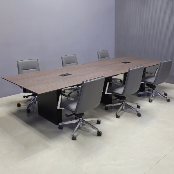 144-inch Aurora Rectangular Conference Table in 1/2-inch Gray oak engineered surface top, black matte laminate standard base, and 2 black MX3 power boxes.