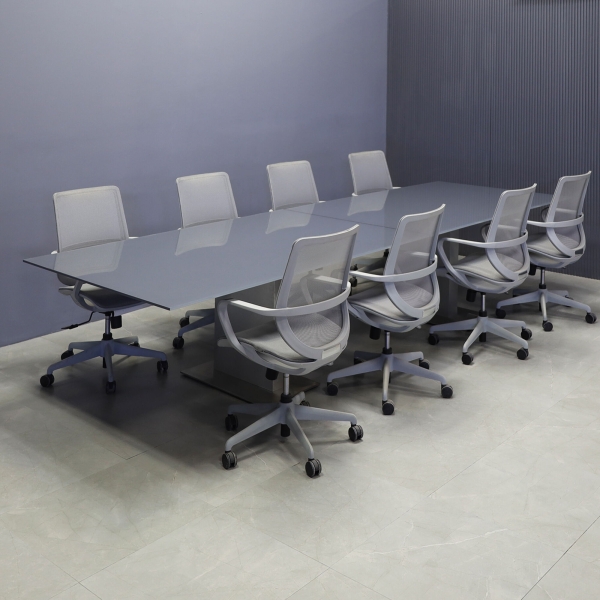 144-inch Omaha Rectangular Conference Table in 1/2-inch medium gray tempered glass top, with custom pedestal base in brushed aluminum.