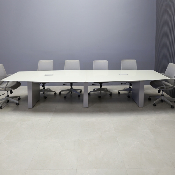 144-inch Omaha Boat Shape Conference Table in 1/2-inch taupe tempered glass top, standard column base in fog gray matte laminate base, and two silver MX3 silver power boxes.