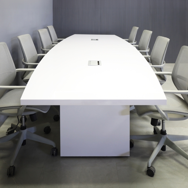 144-inch Newton Boat Shape Conference Table in white gloss laminate top & standard base, and two silver MX3 power boxes.