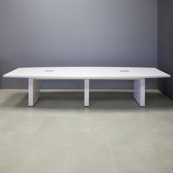 144-inch Newton Boat Conference Table in white gloss laminate tops & standard base, and two silver MX3 power boxes.