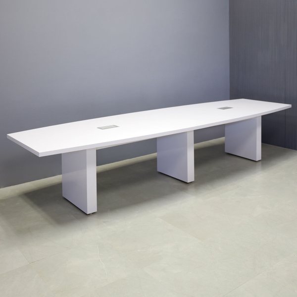144-inch Newton Boat Conference Table in white gloss laminate tops & standard base, and two silver MX3 power boxes.