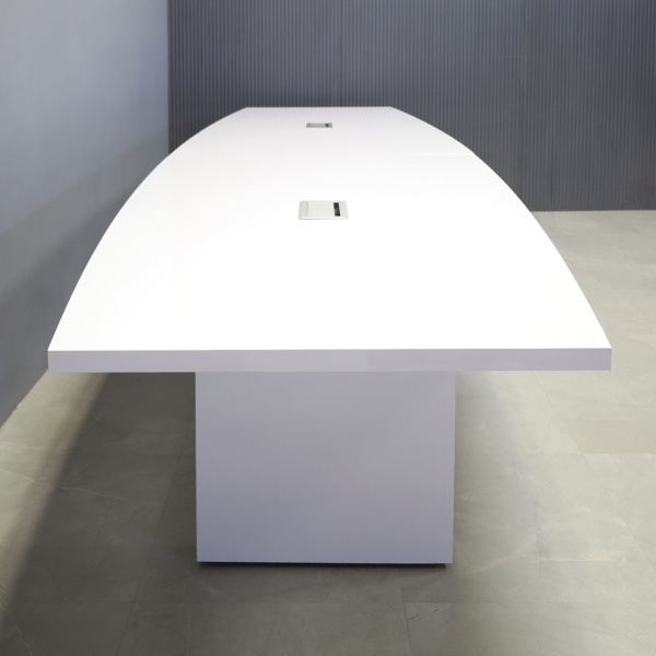 144-inch Newton Boat Conference Table in white gloss laminate tops & standard base, and two silver MX3 power boxes.