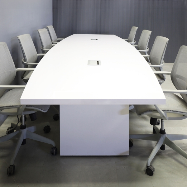 144-inch Newton Boat Conference Table in white gloss laminate tops & standard base, and two silver MX3 power boxes.