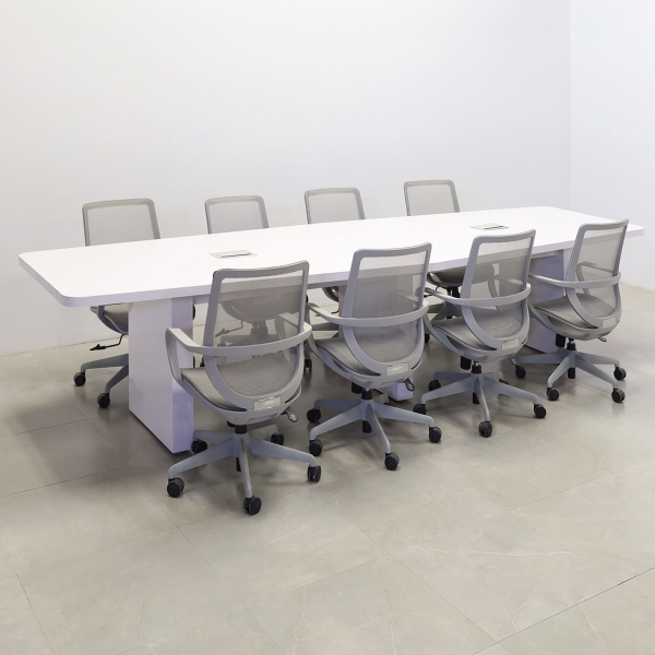 144-inch Newton Boat Conference Table in white matte laminate top & standard base, and two silver MX3 power boxes.