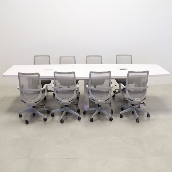 144-inch Newton Boat Conference Table in white matte laminate top & standard base, and two silver MX3 power boxes.
