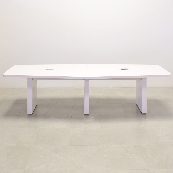 144-inch Newton Boat Conference Table in white matte laminate top & standard base, and two silver MX3 power boxes.