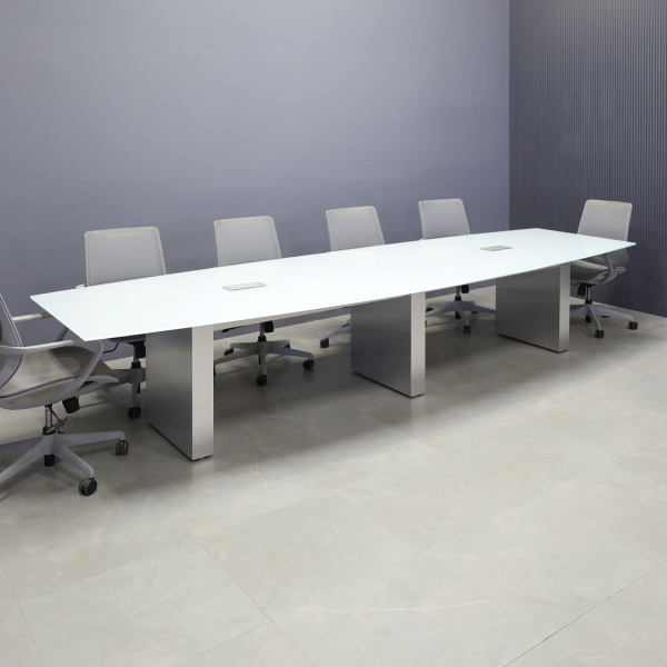 144-inch Omaha Boat Shape Conference Table in 1/2-inch white tempered glass top, standard column base in brushed aluminum base, and two silver MX3 silver power boxes.