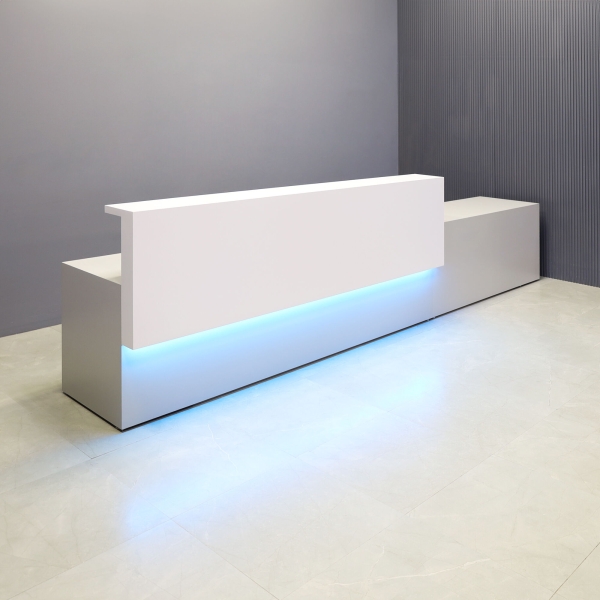 150-inch Los Angeles Long and ADA Compliant Custom Reception Desk with the counter on the left side when facing front in white matte laminate, folkstone gray matte laminate desk, and color changing LED.