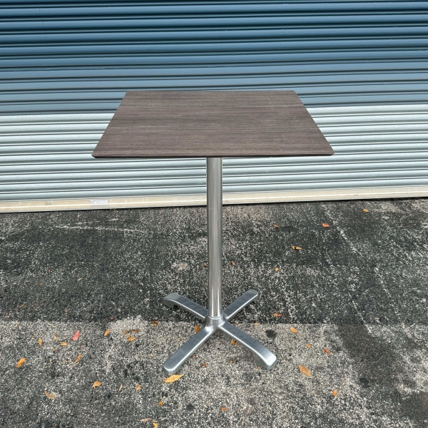 30-inch California Square Bar Table in 1/2-inch gray oak engineered surface top and FLAT SX26 silver bar base.