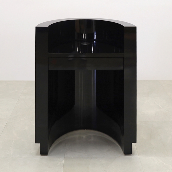 32-inch Lima Round Podium & Host Custom Desk in black gloss laminate main desk and gold aluminum toe-kick.