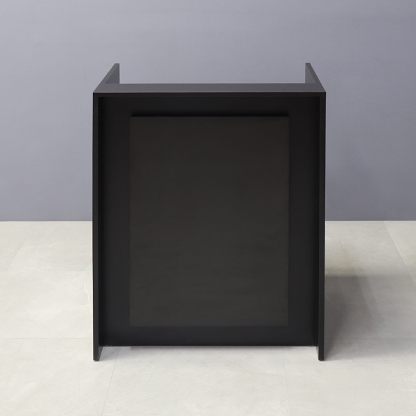 32-inch New York U-Shape Podium & Host Custom Desk in black matte laminate main desk, front panel & accent recessed.