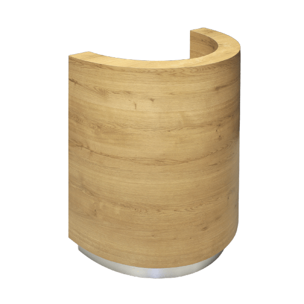 32-inch Lima Round Podium & Host Custom Desk in planked urban oak matte laminate main desk and brushed aluminum toe-kick.