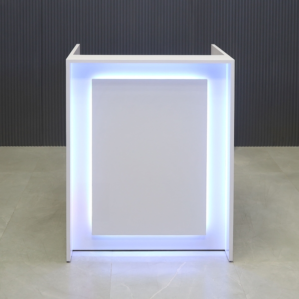 32-inch New York U-Shape Podium & Host Custom Desk in white gloss laminate main desk, front panel & accent recessed, and color changing LED.