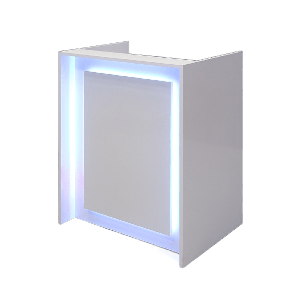 32-inch New York U-Shape Podium & Host Custom Desk in white gloss laminate main desk, front panel & accent recessed, and color changing LED.