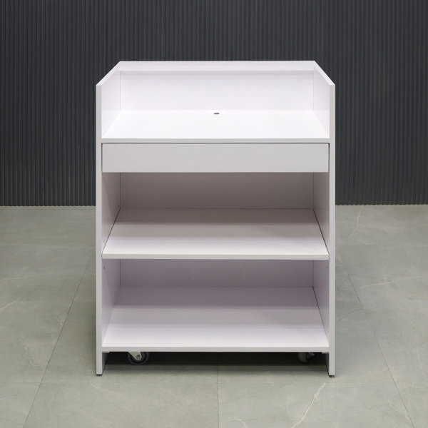 32-inch New York U-Shape Podium & Host Custom Desk in white gloss laminate main desk, front panel & accent recessed, and color changing LED. Small drawer, adjustable shelf and set of wheels.