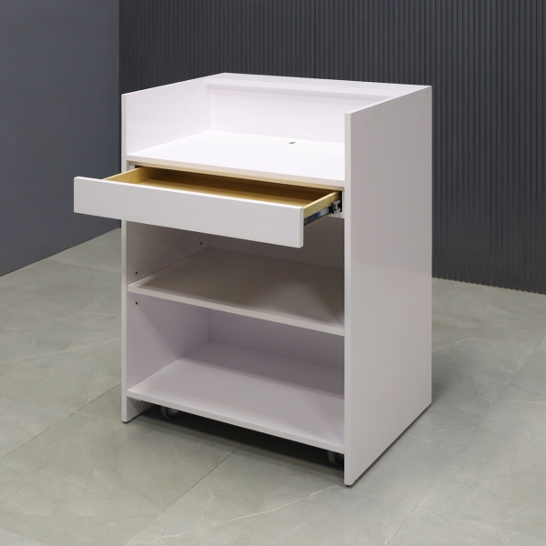 32-inch New York U-Shape Podium & Host Custom Desk in white gloss laminate main desk, front panel & accent recessed, and color changing LED. Small drawer, adjustable shelf and set of wheels.