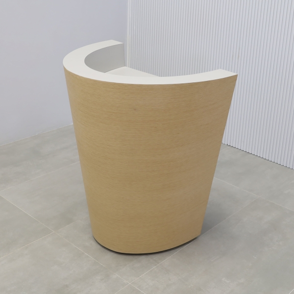 35-inch Osaka Lectern & Host Custom Desk in white oak venneer front desk, and folkstone gray matte laminate workspace.