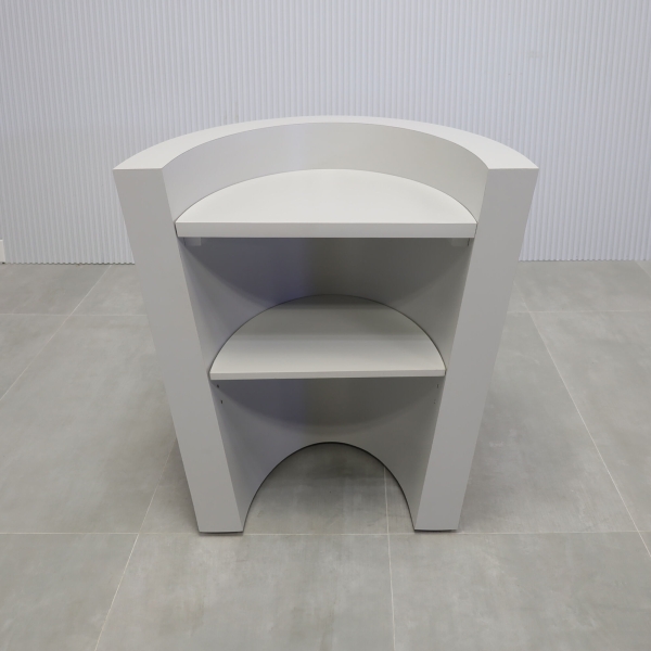 35-inch Osaka Lectern & Host Custom Desk in white oak venneer front desk, and folkstone gray matte laminate workspace.