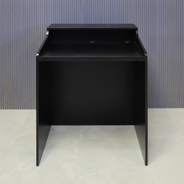 36-inch New Jersey Podium & Host Custom Reception Desk in black matte laminate main desk & front panels, and brushed aluminum accent & toe-kick.