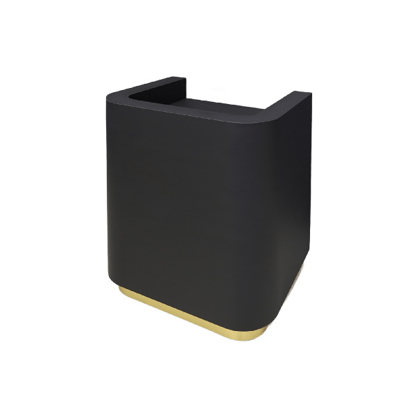 36-inch Nola Podium & Host in black traceless laminate main desk and brushed gold toe-kick.