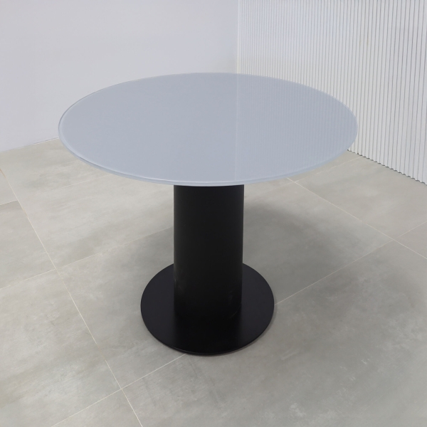 36-inch California X2 Round Conference Table in 1/2-inch dark gray tempered glass top, black traceless laminate pedestal, and black stainless steel base. 