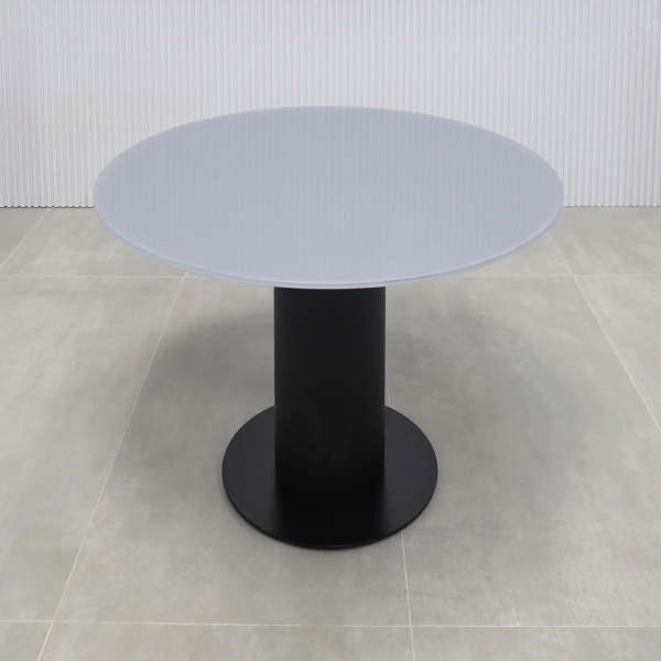 36-inch California X2 Round Conference Table in 1/2-inch dark gray tempered glass top, black traceless laminate pedestal, and black stainless steel base. 