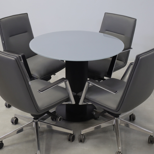 36-inch California X2 Round Conference Table in 1/2-inch dark gray tempered glass top, black traceless laminate pedestal, and black stainless steel base. 