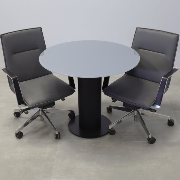 36-inch California X2 Round Conference Table in 1/2-inch dark gray tempered glass top, black traceless laminate pedestal, and black stainless steel base. 