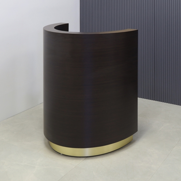 32-inch Lima Round Podium & Host Custom Desk in ebony recon matte laminate main desk and gold aluminum toe-kick.