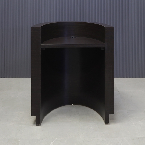 32-inch Lima Round Podium & Host Custom Desk in ebony recon matte laminate main desk and gold aluminum toe-kick.