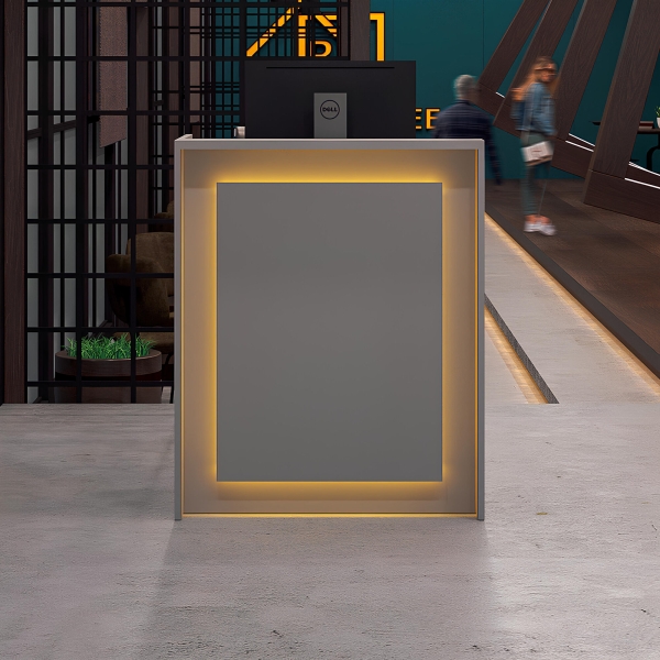 36-inch New York U-Shape Podium & Host Custom Desk in fog gray matte laminate main desk, front panel & accent recessed, and warm white LED.