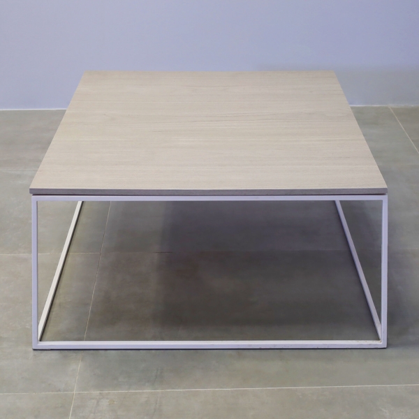 36-inch Aspen Square Lobby Table in gray oak matte PVC top, and white powder-coated metal base.