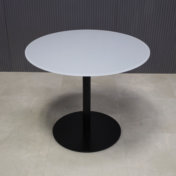 36-inch California Round Conference Table with 1/2-inch light gray tempered glass top and black stainless steel base.