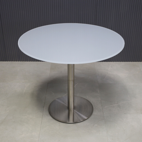 36-inch California Round Conference Table with 1/2-inch light gray tempered glass top and silver stainless steel base.