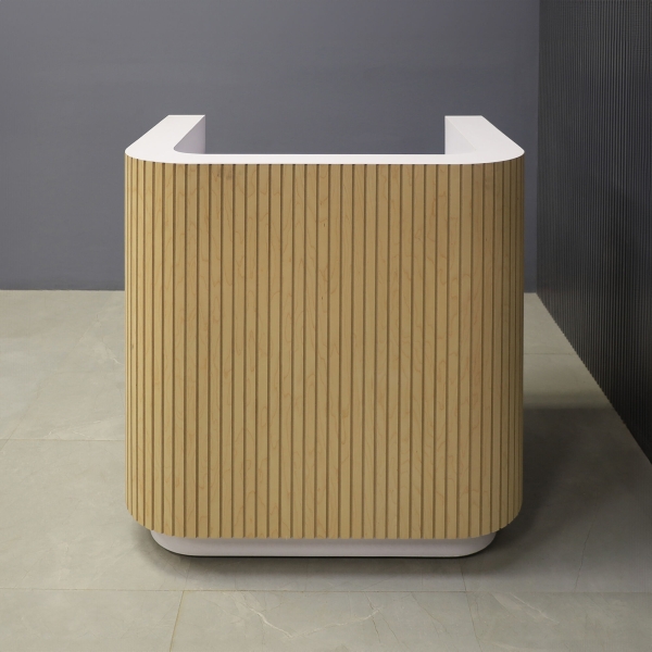 36-inch Nola Podium & Host Custom Desk in maple tambour main desk, and white matte laminate workspace & toe-kick.