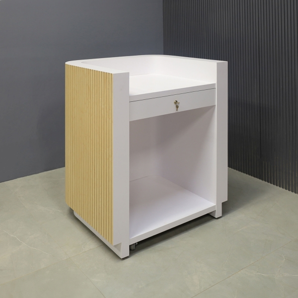 36-inch Nola Podium & Host Custom Desk in maple tambour main desk, and white matte laminate workspace & toe-kick. Built-in pencil drawer with lock and fixed shelf.