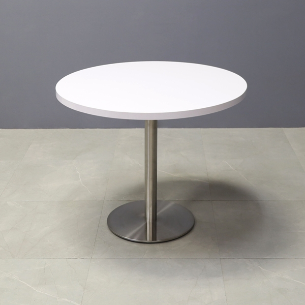 36-inch California Round Conference Table in white gloss laminate top and silver stainless steel base.