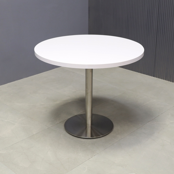 36-inch California Round Conference Table in white gloss laminate top and silver stainless steel base.