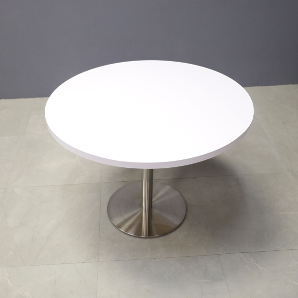 36-inch California Round Conference Table in white gloss laminate top and silver stainless steel base.