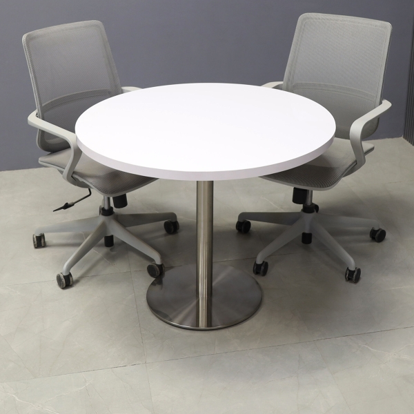 36-inch California Round Conference Table in white gloss laminate top and silver stainless steel base.