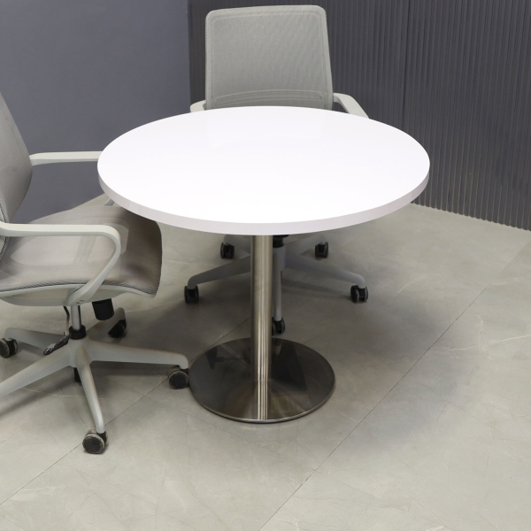 36-inch California Round Conference Table in white gloss laminate top and silver stainless steel base.