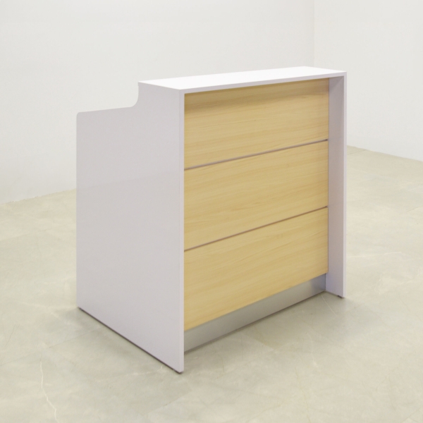 36-inch New Jersey Podium & Host Custom Reception Desk in white gloss laminate main desk, maples veneer front panels, and brushed aluminum accent & toe-kick.