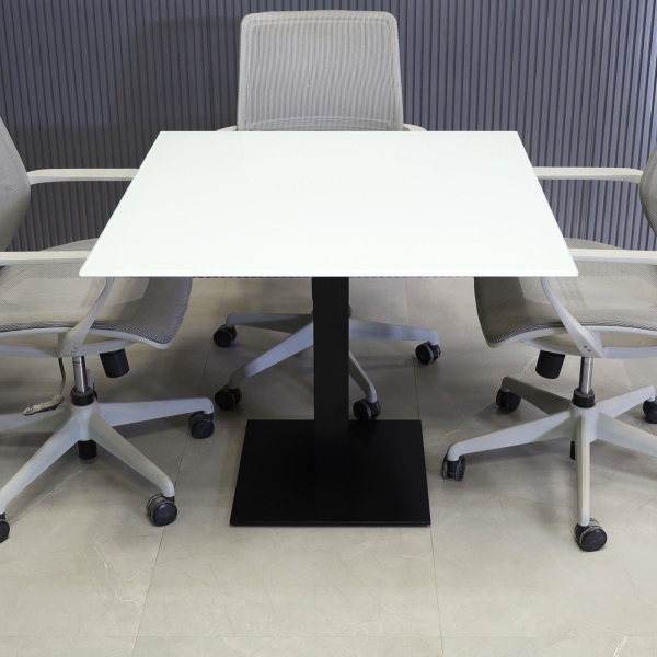 36-inch California Square Conference Table with 1/2-inch White tempered glass top and black stainless steel base.