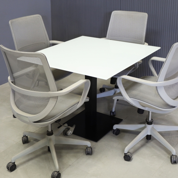 36-inch California Square Cafeteria Table with 1/2-inch white tempered glass top and black stainless steel base.