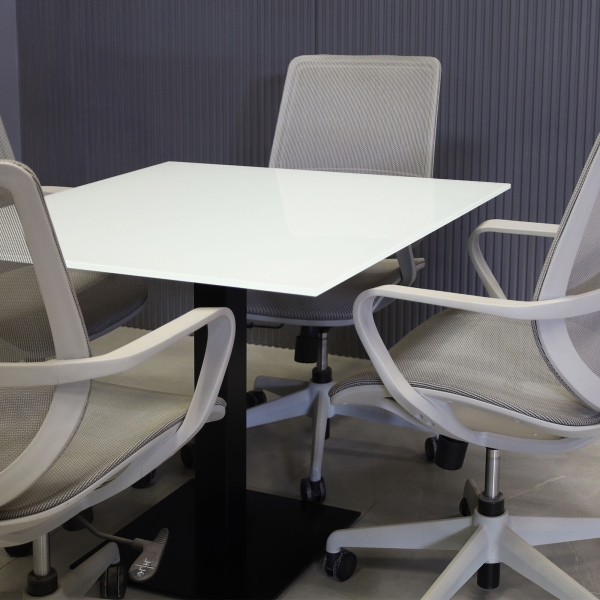 36-inch California Square Cafeteria Table with 1/2-inch white tempered glass top and black stainless steel base.