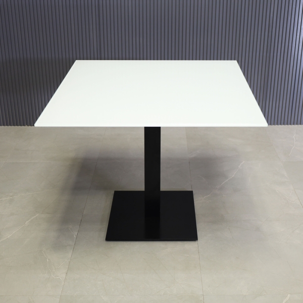 36-inch California Square Cafeteria Table with 1/2-inch white tempered glass top and black stainless steel base.
