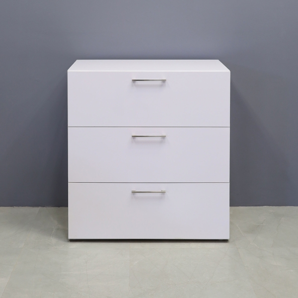 42-inch height Naples Lateral File Cabinet in white gloss laminate cabinet.
