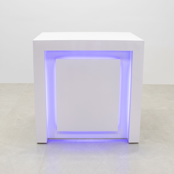 40-inch New York Retail Custom Reception Desk in white gloss laminate desk, and color changing LED.