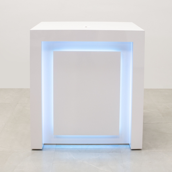40-inch New York Retail Custom Reception Desk in white gloss laminate desk, and color changing LED.